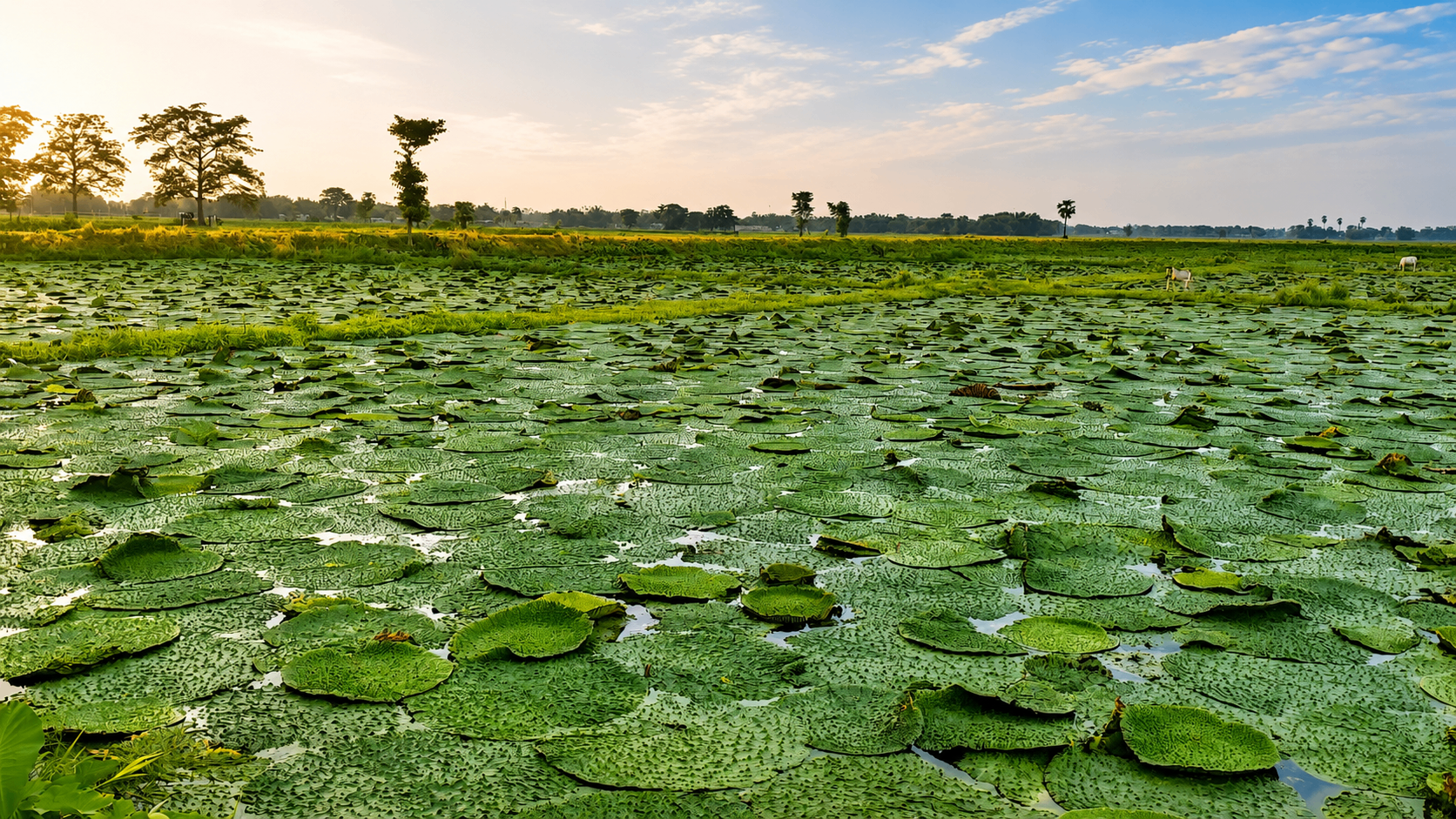 Makhana lotus pond at sunrise