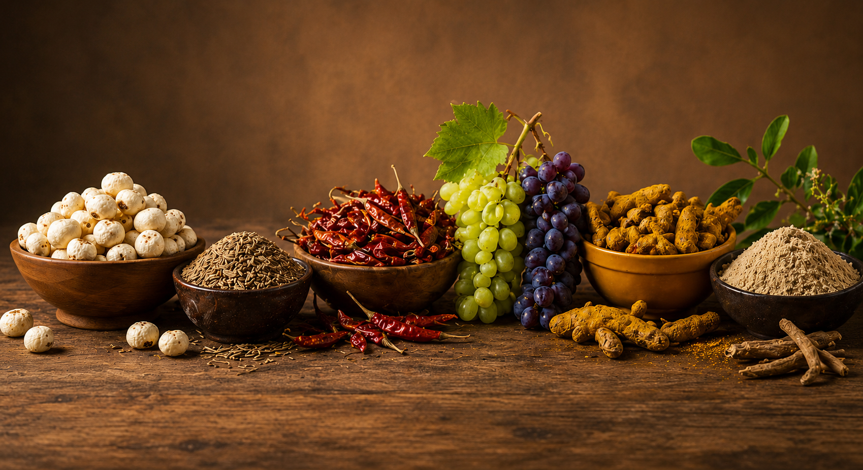 Indian spices, grapes and superfoods in wooden bowls